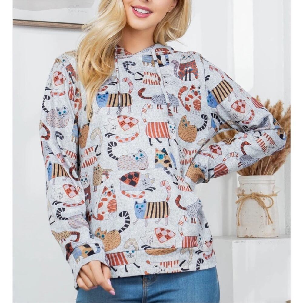 LA Soul NWOT Cute Novelty Cat Gray Hoodie Sweatshirt Size Small - Picture 3 of 13